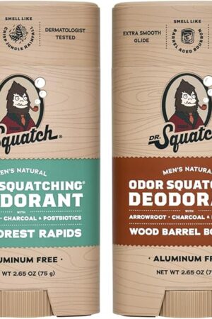 Dr Squatch Natural Deodorant for Men - Odor-Squatching Aluminum Free - Rainforest Rapids & Wood Barrel Bourbon (265 oz, 2-Pack)