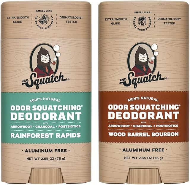 Dr Squatch Natural Deodorant for Men - Odor-Squatching Aluminum Free - Rainforest Rapids & Wood Barrel Bourbon (265 oz, 2-Pack)