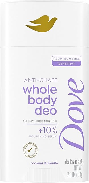 Dove Whole Body Deo Aluminum Free Anti-Chafe Deodorant Stick Coconut & Vanilla for 72h Odor Control 26 Oz