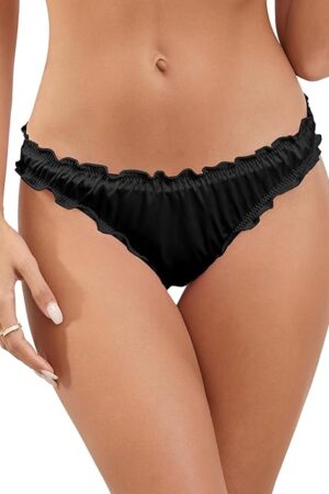 Women Lettuce Trim Sexy Satin Panty V Cut Frill Trim Ruched Cheeky Underwear Low Waist Bikini Briefs