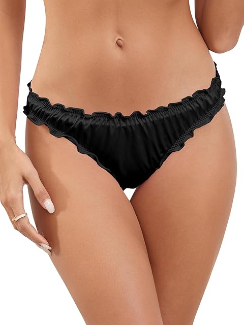 Women Lettuce Trim Sexy Satin Panty V Cut Frill Trim Ruched Cheeky Underwear Low Waist Bikini Briefs