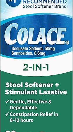 Colace 2-In-1 Stool Softener Plus Stimulant Laxative for Gentle Effective Constipation Relief, Docusate Sodium Plus Sennosides, 60 Count