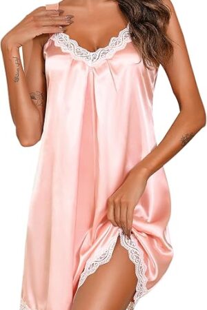 Women's Satin Chemise Nightgown Lace Trim Silk Slip Lingerie Dress V Neck Sleeveless Nightdress