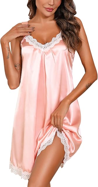 Women's Satin Chemise Nightgown Lace Trim Silk Slip Lingerie Dress V Neck Sleeveless Nightdress