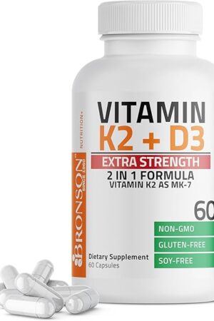 Bronson Vitamin K2 (MK7) with D3 Extra Strength Supplement Bone Health Non-GMO Formula 10,000 IU & 120 mcg MK-7 Easy to Swallow D K, 60 Capsules