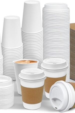 Ginkgo 100 Pack 12 oz Leak-Proof Coffee Cups with Lids and Sleeves Disposable To Go Hot Travel Paper Cups, Hot Chocolate, Cocoa, Coffee Bar Accessories