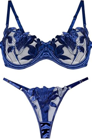 Women's Sexy Lingerie Set Floral Lace Sheer Mesh Underwire Bra and Panty Sets 2 Piece See Through Lingerie