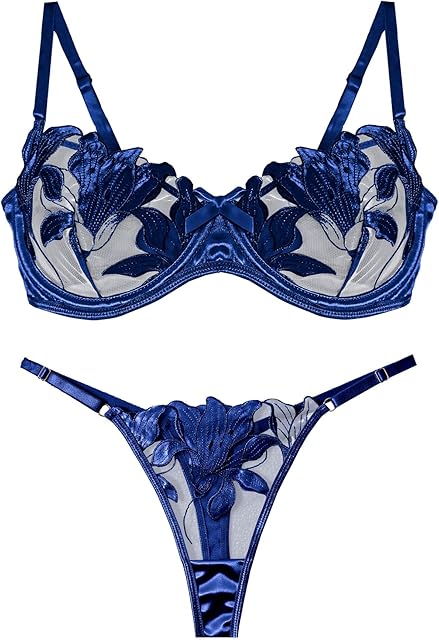 Women's Sexy Lingerie Set Floral Lace Sheer Mesh Underwire Bra and Panty Sets 2 Piece See Through Lingerie