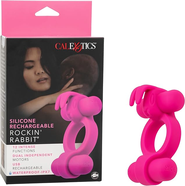 CalExotics Silicone Rechargeable Rockin Rabbit 12-Function Waterproof Vibrating Cock Ring Pink - SE-1843-45-3