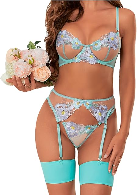Embroidery Floral Lingerie Set for Women Bachelorette Party Sexy Lingerie Garter Set Sheer Bra and Panty Set