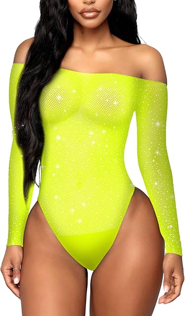 Women Lingerie Fishnet Bodysuit Sparkle Rhinestone Sexy Mesh Teddy Lingerie