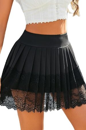 Womens Pleated Skirt Lace Mini Skirts Sexy High Waist Short Going Out Skirt