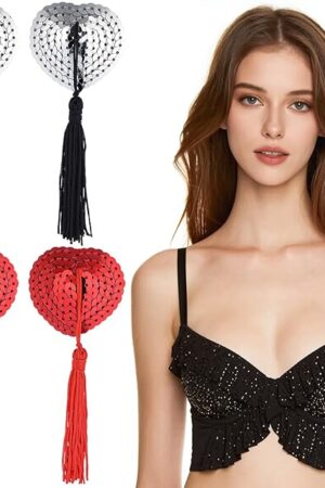 2 Pairs Breast Pasties, Women Reusable Sexy Breast Pasties, Self Adhesive Silicone Nipple Cover Stickers, Heart-Shaped Breast Bra with Sequins, Pasties Bra with Tassel (Silver, Red)