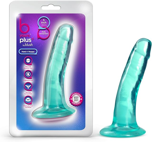 Blush Novelties B Yours Plus Hard n' Happy 5Dildo, Strong Suction Cup & Harness Compatible, Realistic Feel, Transparent Tapered Head for Adults Men Women, Teal