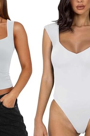 Women's Sexy V Neck Double Lined Seamless Sleeveless Slim Bodysuits and Sexy Y2K Going Out Fitted Tank Top 2 Pieces Large