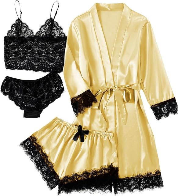 Women's 4pcs Sleepwear Silk Floral Lace Trim Cami Shorts Pajama Set with Robe Satin Sleepwear Sexy Loungewear Pjs