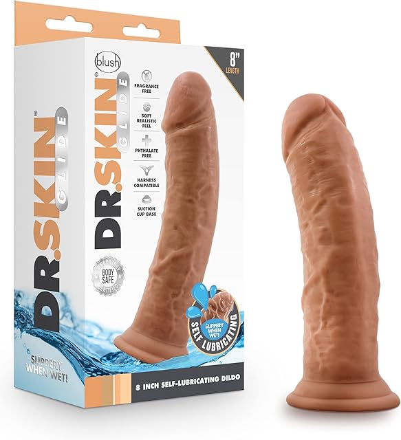 Blush Novelties Dr Skin Glide 8 Inch Self Lubricating Dildo Suction Cup Harness Compatible Body Safe Realistic Look and Feel Sex Toy for Her Him Couples Mocha