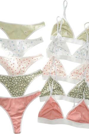 Women's 5 Sets Matching Bra and Panty Set Polka Dots Print Lingerie Set Triangle Bralettes and Low Rise Thong Set