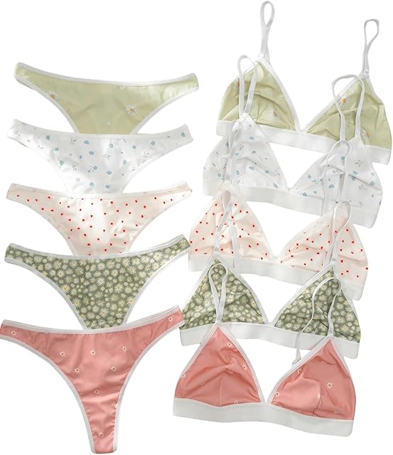 Women's 5 Sets Matching Bra and Panty Set Polka Dots Print Lingerie Set Triangle Bralettes and Low Rise Thong Set