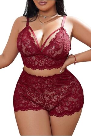 Women's Plus Size 2 Piece Lingerie Set Floral Lace Cut Out Wireless Bra and Boyshorts Matching Sets