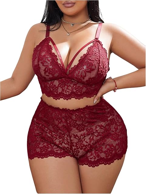 Women's Plus Size 2 Piece Lingerie Set Floral Lace Cut Out Wireless Bra and Boyshorts Matching Sets