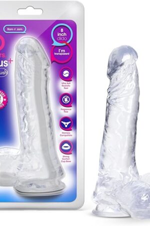 Blush Novelties B Yours Plus Ram n? Jam - Realistic 8 Inch Crystal Clear Soft Dildo - Powerful Suction Cup Base for Hands Free Play - Harness Strap On Compatible - Sex Toy for Her Him Couples"