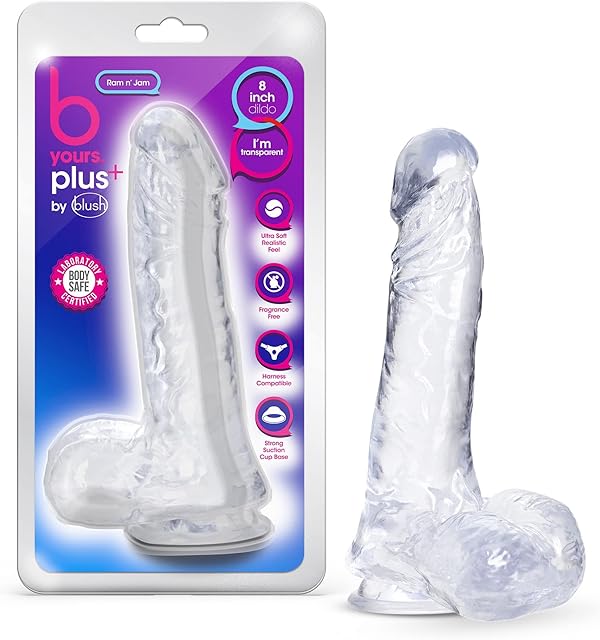 Blush Novelties B Yours Plus Ram n? Jam - Realistic 8 Inch Crystal Clear Soft Dildo - Powerful Suction Cup Base for Hands Free Play - Harness Strap On Compatible - Sex Toy for Her Him Couples"