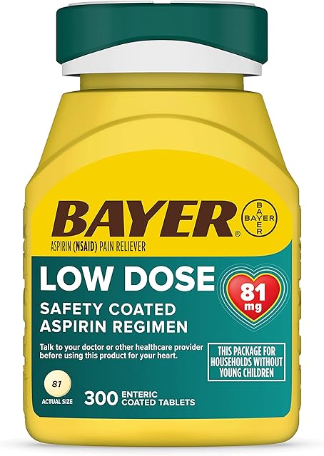 Bayer Aspirin Low Dose 81 mg, Enteric Coated Tablets, Doctor Recommended, Secondary Prevention of Cardiovascular Disease, 300 Safety Coated Tablets