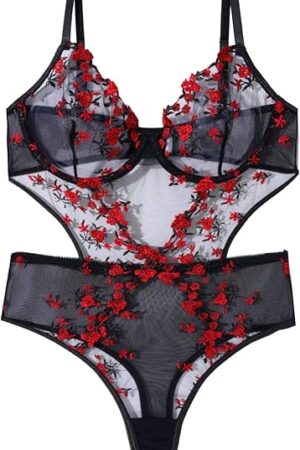 Embroidered Teddy Lingerie for Women Sexy See Through Floral Lace One Piece Teddy Lingerie Bodysuit