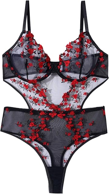 Embroidered Teddy Lingerie for Women Sexy See Through Floral Lace One Piece Teddy Lingerie Bodysuit