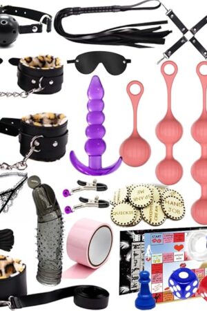 BDSM Sex Bondage Kit Restraints, Adjustable Handcuffs Collar Ankle Cuff Blindfold Feather Tickler Vibrator Anal Plug Adult Games