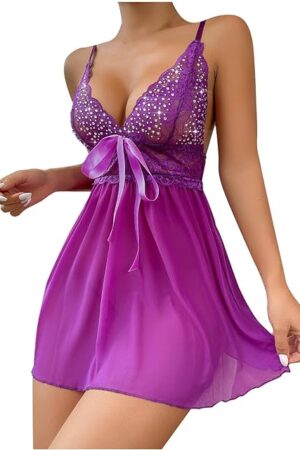 Women Mesh Rhinestone Babydoll Lingerie Sexy Sheer Chemise Nightgown Bow Erotic Pajama Dress