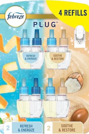 Febreze Odor-Fighting Fade Defy PLUG Air Freshener, Refresh and Energize, Soothe and Restore, Pack of 4 (2 of Each), 79 fl oz Oil Refill