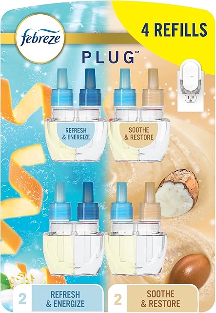 Febreze Odor-Fighting Fade Defy PLUG Air Freshener, Refresh and Energize, Soothe and Restore, Pack of 4 (2 of Each), 79 fl oz Oil Refill