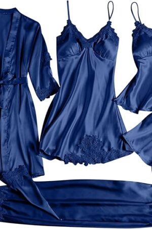Womens Silk Pajamas Robes Set Sexy Satin Pjs Sets 5Pcs Nightgown Cami Shorts Pants Sleepwear Loungewear