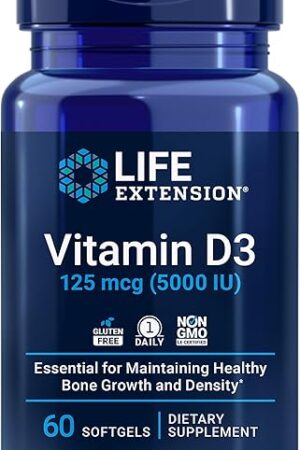 Life Extension Vitamin D3 125 mcg (5000 IU), Bone Health, Brain Performance, Immune System Support, Gluten-Free, Non-GMO, Once Daily, Two-Month Supply, 60 Softgels