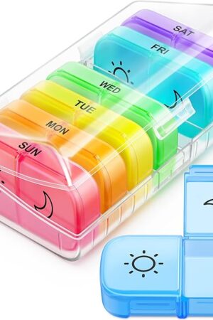 FEATY Weekly Pill Organizer 2 Times a Day with Same-Side Large Opening for Easy Filling & Retrieving, Color Tracking 7 Day AM PM Pill Box with Large BPA Free Pill Case for Vitamins, Fish Oils (Clear)