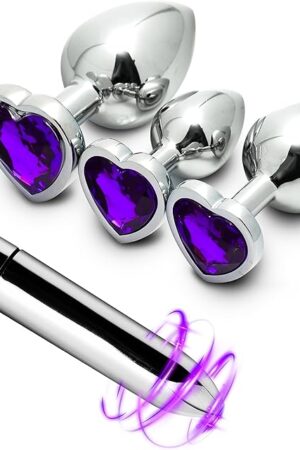 Anal Plug Trainer Set with Three Sizes of Heart Shape (Dark Purple) Jewel Handles Stainless Steel Butt Plugs with Bullet Vibrator, Anal Sex Toys for Men Women Couples