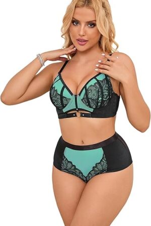 Women's Sexy Lace Mesh Lingerie Set Floral Underwire Push Up Bra and Panty 2 Piece Sets