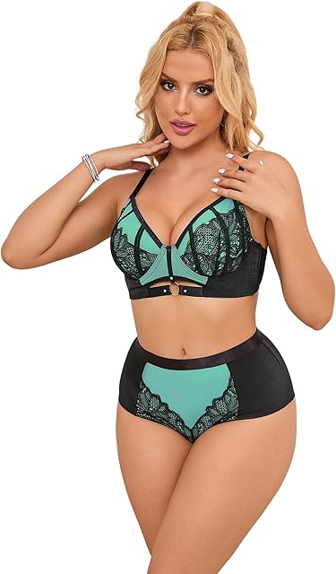 Women's Sexy Lace Mesh Lingerie Set Floral Underwire Push Up Bra and Panty 2 Piece Sets