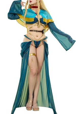 Women Elf Cosplay Costume Anime Derivative Blue Sexy Lingerie Set Gauze Skirt Top and Panty with Shawl