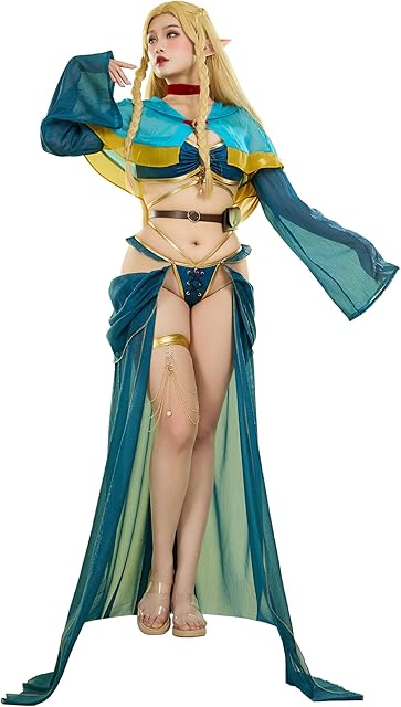 Women Elf Cosplay Costume Anime Derivative Blue Sexy Lingerie Set Gauze Skirt Top and Panty with Shawl