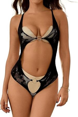 Women's Hollow Out Bodysuit Punk Gothic Backless Fashion Rings Bodystocking Sexy Teddy