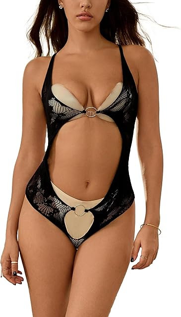 Women's Hollow Out Bodysuit Punk Gothic Backless Fashion Rings Bodystocking Sexy Teddy