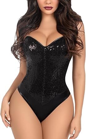 Womens 2 Pc Sequin Boned Snap Crotch Bodysuit