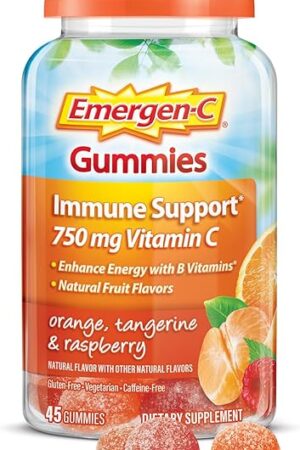 Emergen-C 750mg Vitamin C Gummies for Adults, Immunity Gummies with B Vitamins, Gluten Free, Orange, Tangerine and Raspberry Flavors, 45 Count (Pack of 1)
