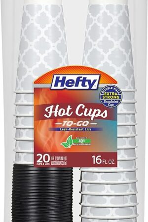 Hefty Paper Disposable Hot Cups with Lids, Leak-Resistant Disposable Coffee Cups, Double Insulated To Help Prevent Burning, Tight-Fitting Lid Helps Prevent Sloshing and Spills, 16 Ounce, 20 Count
