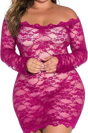 Womens Floral Lace Lingerie Sexy Chemise Cold Shoulder Long Sleeve Babydoll Bodysuit Sex Play Game Exotic Nightgowns