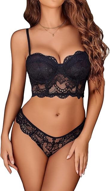 Lace Lingerie Set for Women 2 Piece Bra and Panty Sets V Neck Corset Tops Nightwear S-XXL