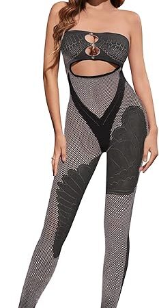Womens Sexy Sleeveless One Piece Jumpsuit Mesh See-through Lace Jumpsuits Cut Out Bodycon Rompers(Black)